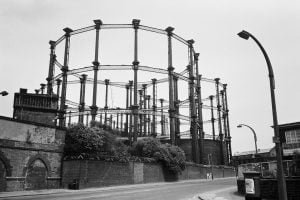Kings Cross Story Palace: documenting gentrification 13 Black and white of empty cast-iron gas-holders
